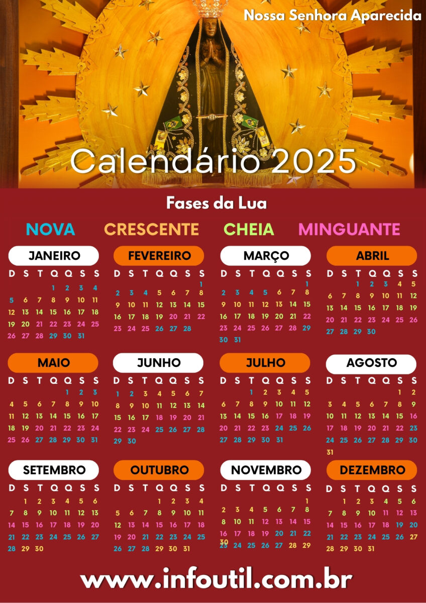 Baixe gratuitamente o Calendário 2025 de Nossa Senhora Aparecida em JPG e PDF. Organize seu ano com fé e inspiração divina!